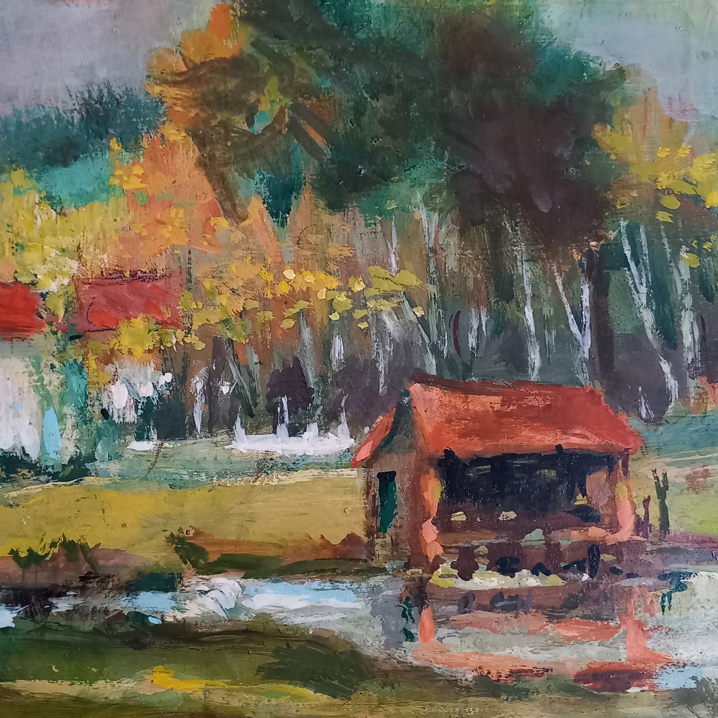 Vintage rural landscape oil painting on board from France, original art farm painting