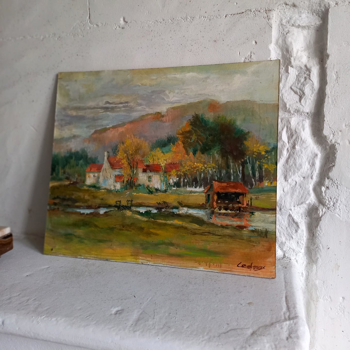 Vintage rural landscape oil painting on board from France, original art farm painting