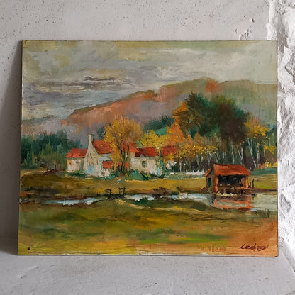 Vintage rural landscape oil painting on board from France, original art farm painting