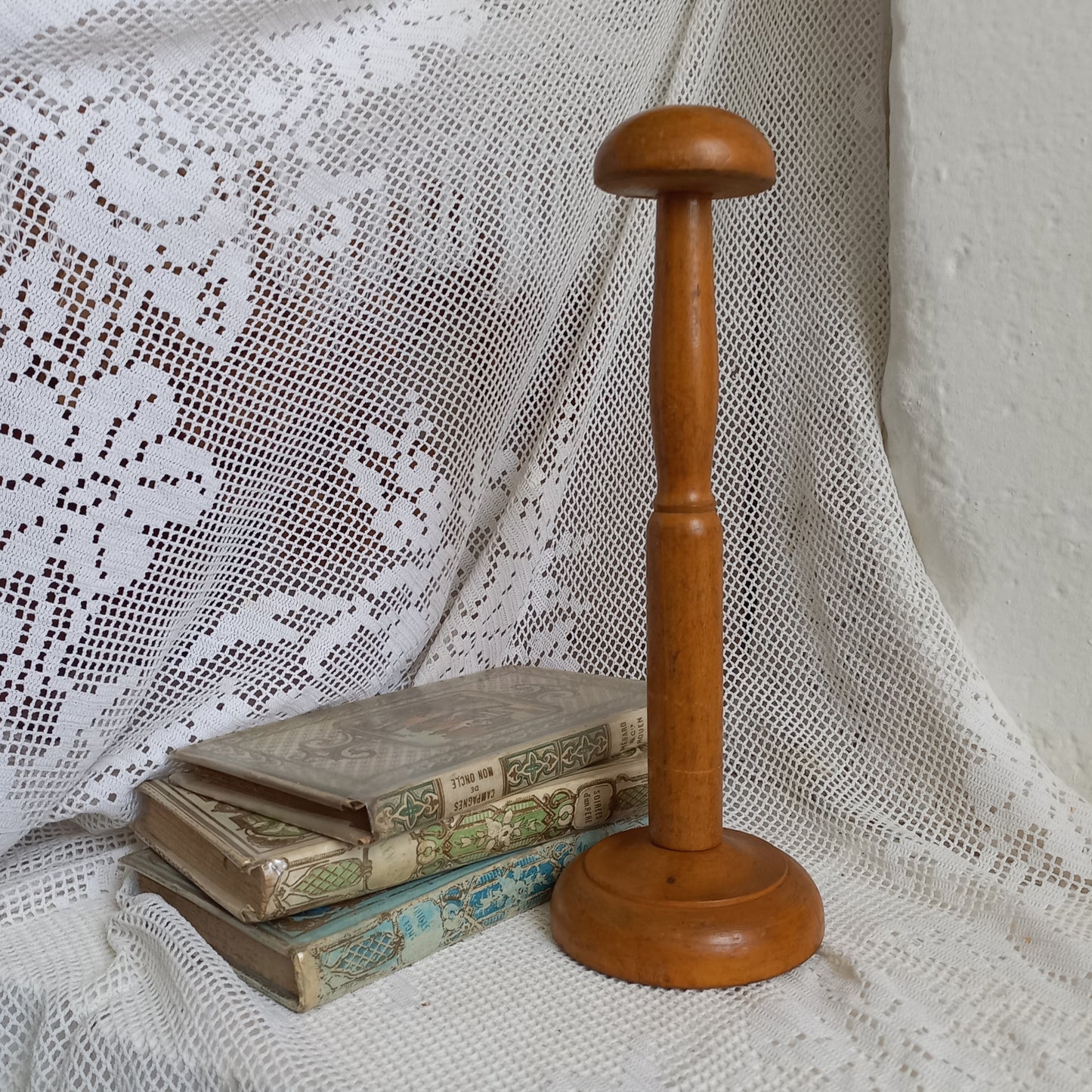 Vintage wooden hat display stand from France, wig stand, helmet display stand,