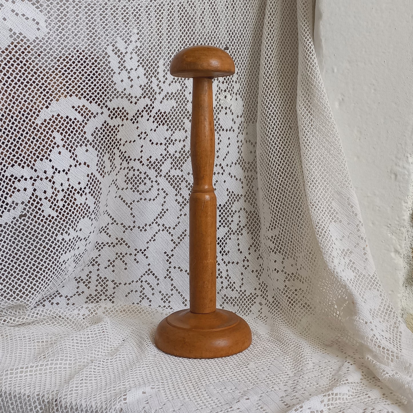 Vintage wooden hat display stand from France, wig stand, helmet display stand,