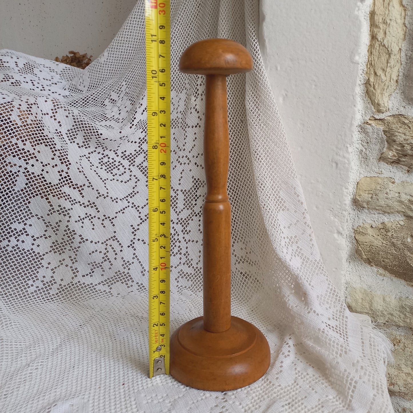 Vintage wooden hat display stand from France, wig stand, helmet display stand,