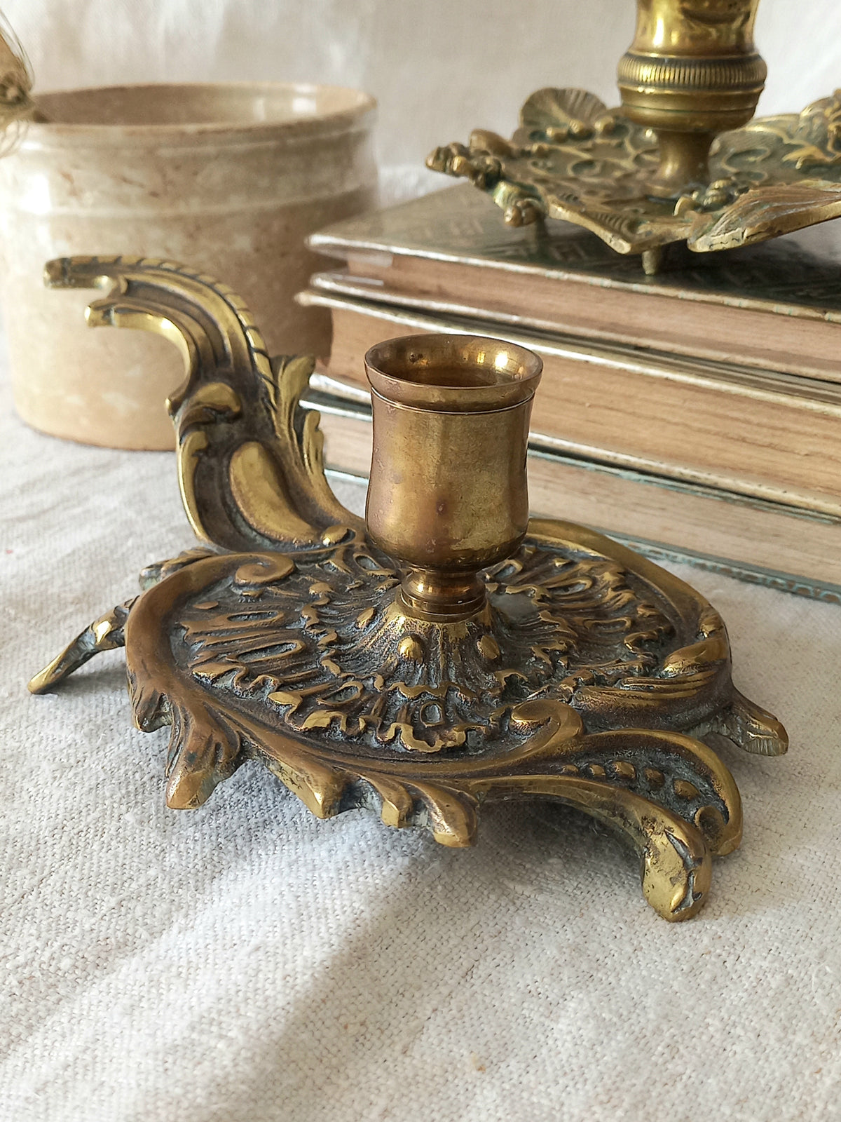 Original French art nouveau brass chamber sticks, small and decorative antique candle holders that will be a welcome addition to any interior.