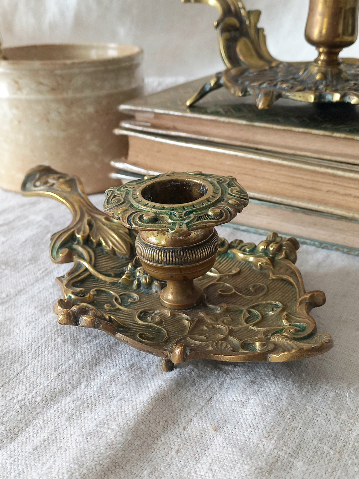 Original French art nouveau brass chamber sticks, small and decorative antique candle holders that will be a welcome addition to any interior.