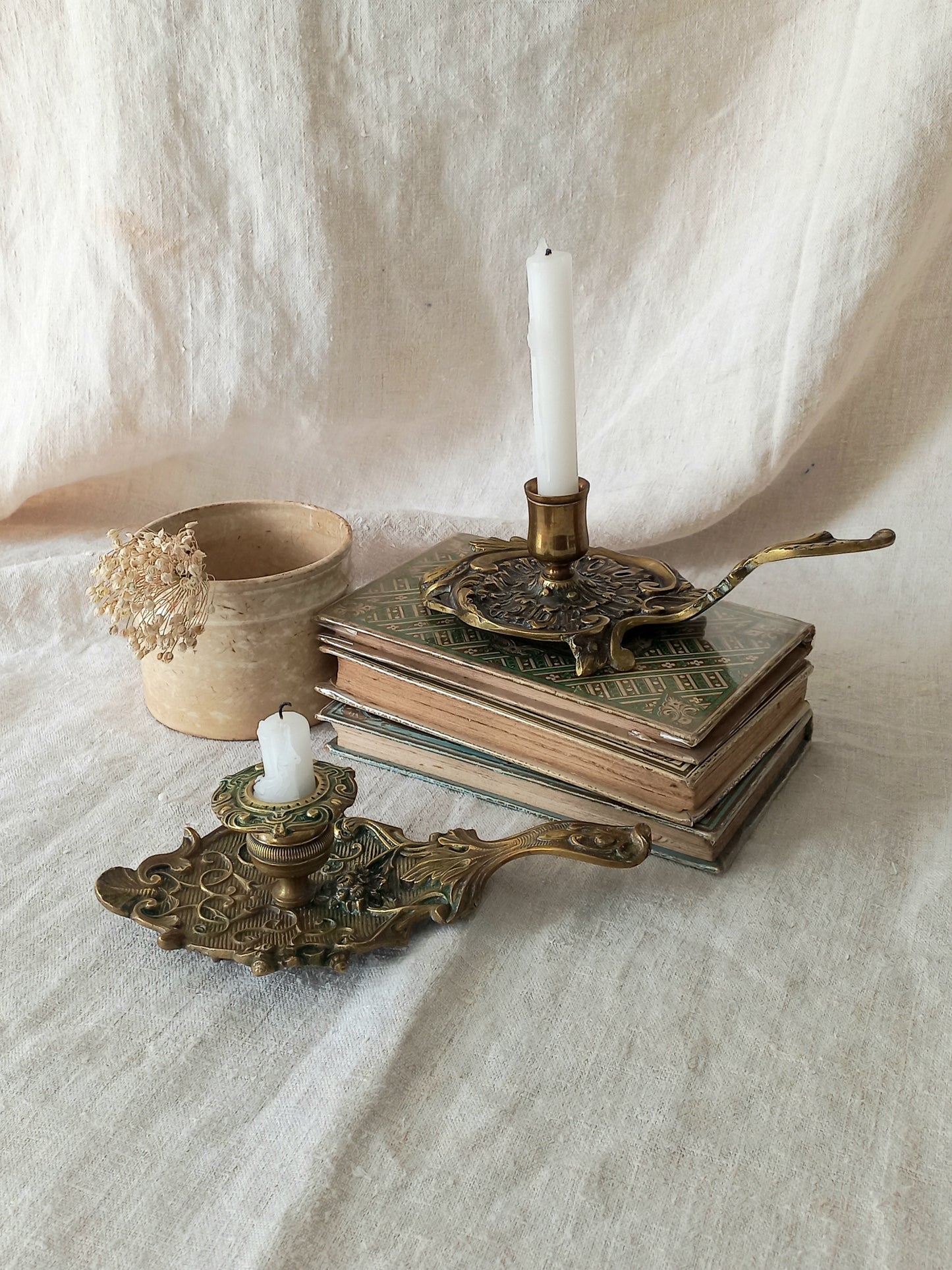 Original French art nouveau brass chamber sticks, small and decorative antique candle holders that will be a welcome addition to any interior.