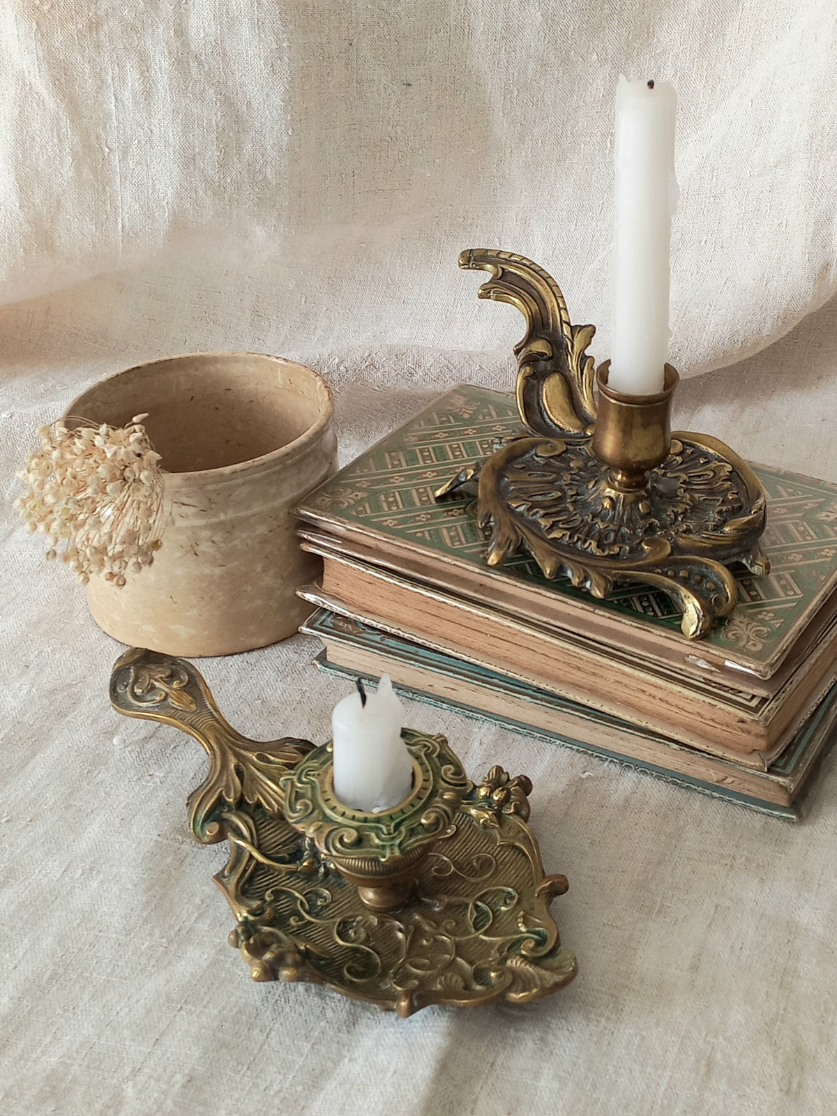 Original French art nouveau brass chamber sticks, small and decorative antique candle holders that will be a welcome addition to any interior.