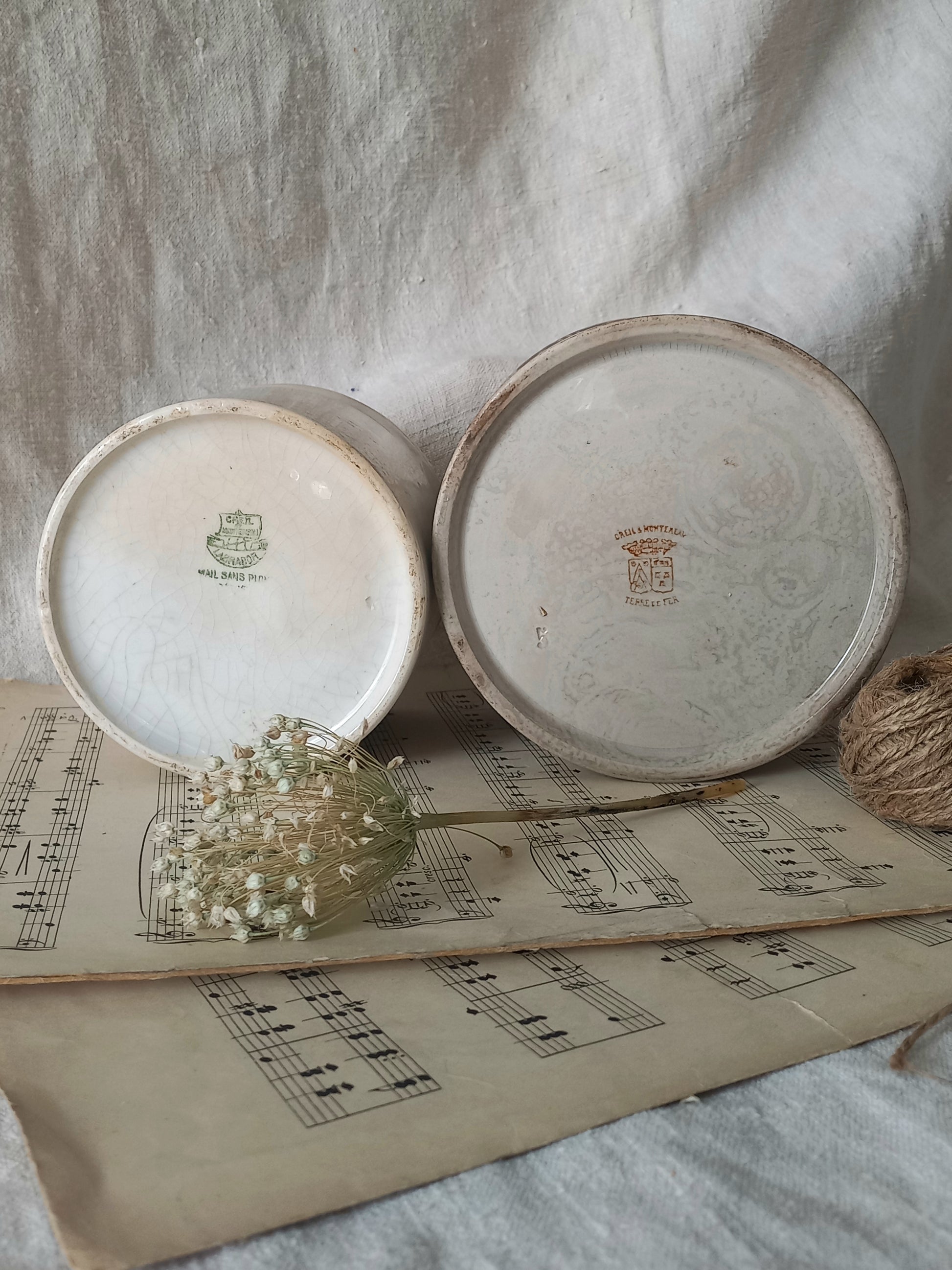 Pair of French antique tea-stained and crazed ironstone jam pots or preserve pots. 
