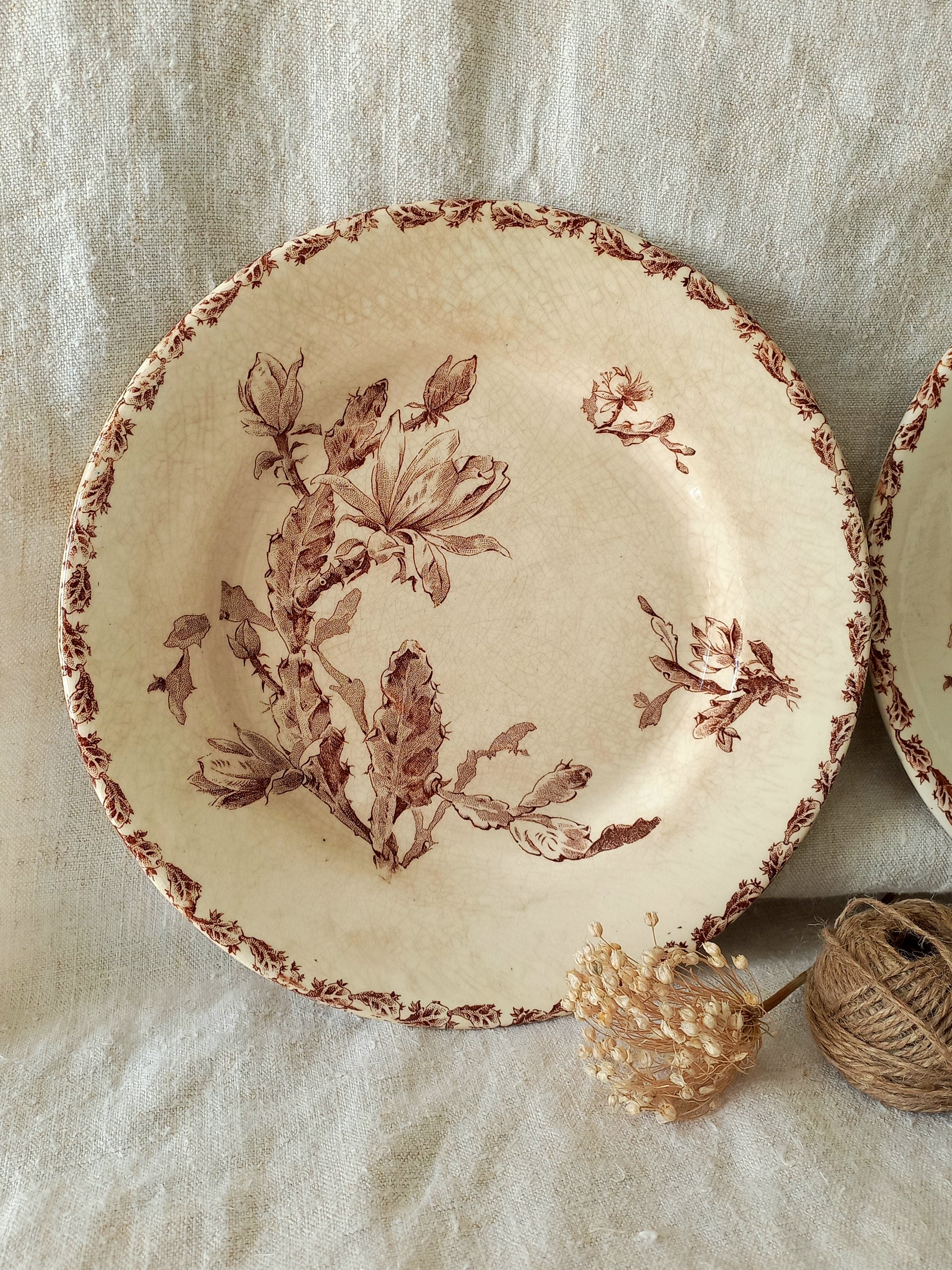 antique ironstone plate with floral sepia patterns on a textured fabric. background