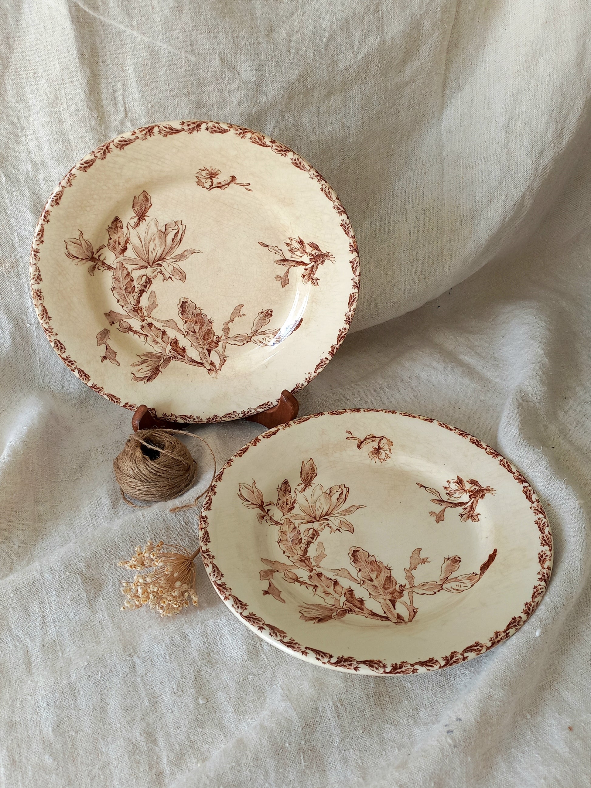Two antique ironstone plates with floral sepia patterns on a textured fabric background