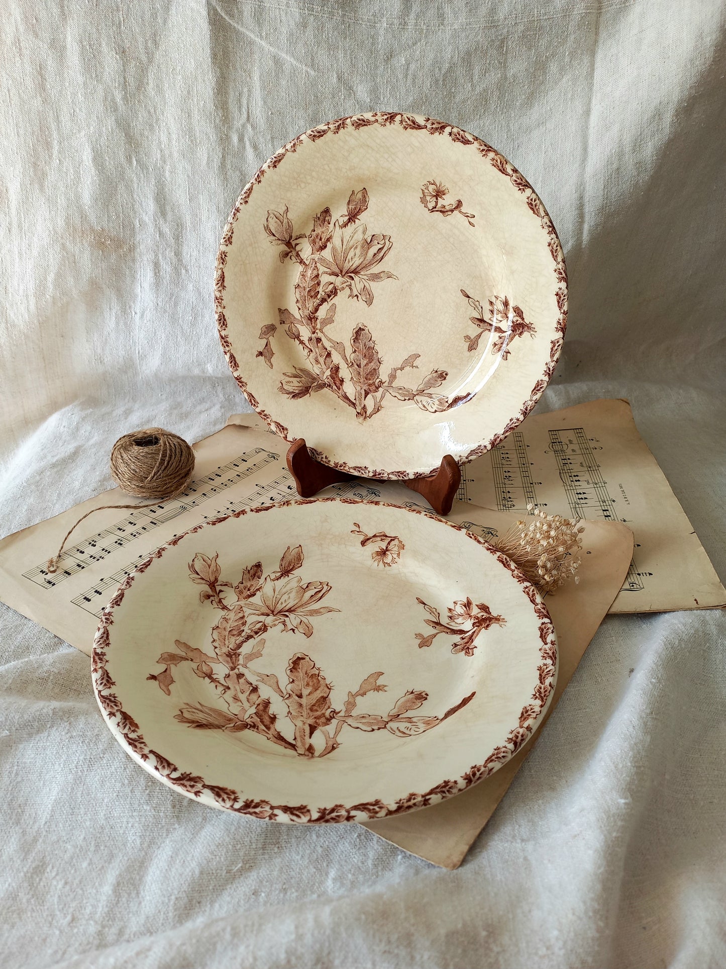 Two antique ironstone plates with floral sepia patterns on a textured fabric background