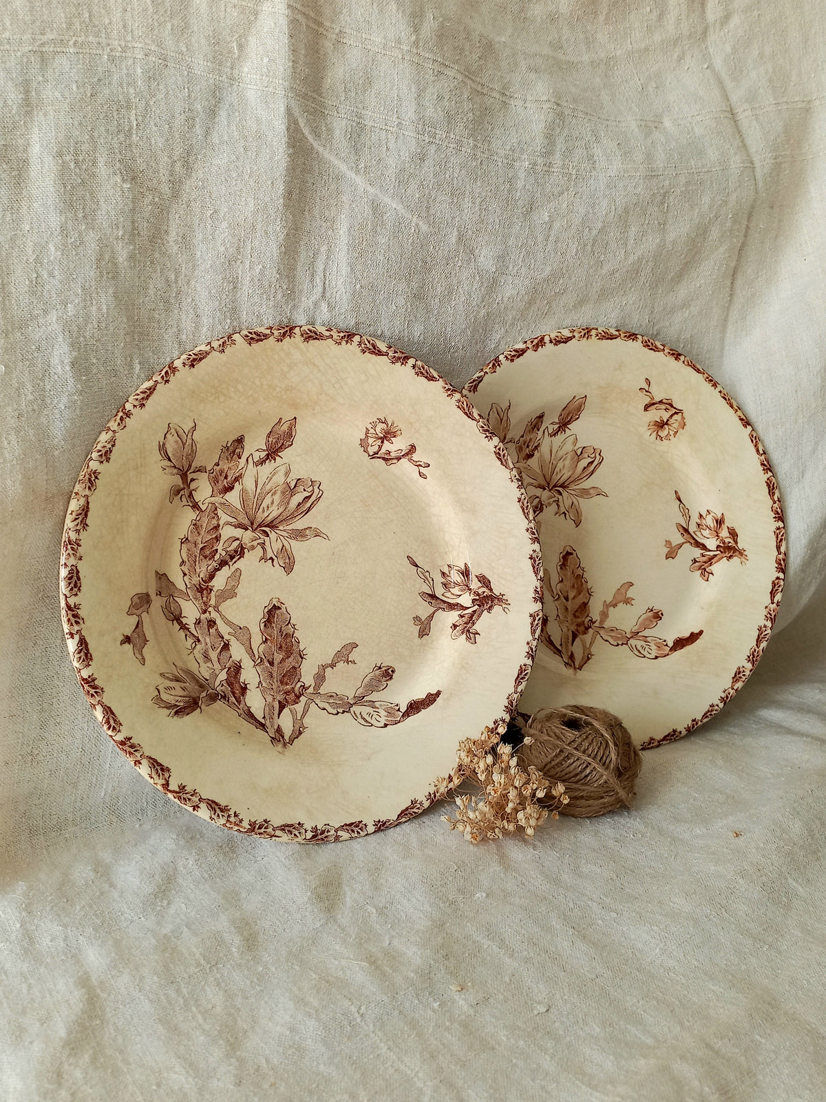 Two antique ironstone plates with floral sepia patterns on a textured fabric background
