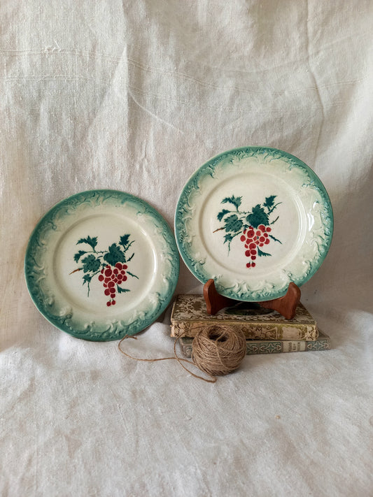 Two decorative plates with grape design on a textured fabric background
