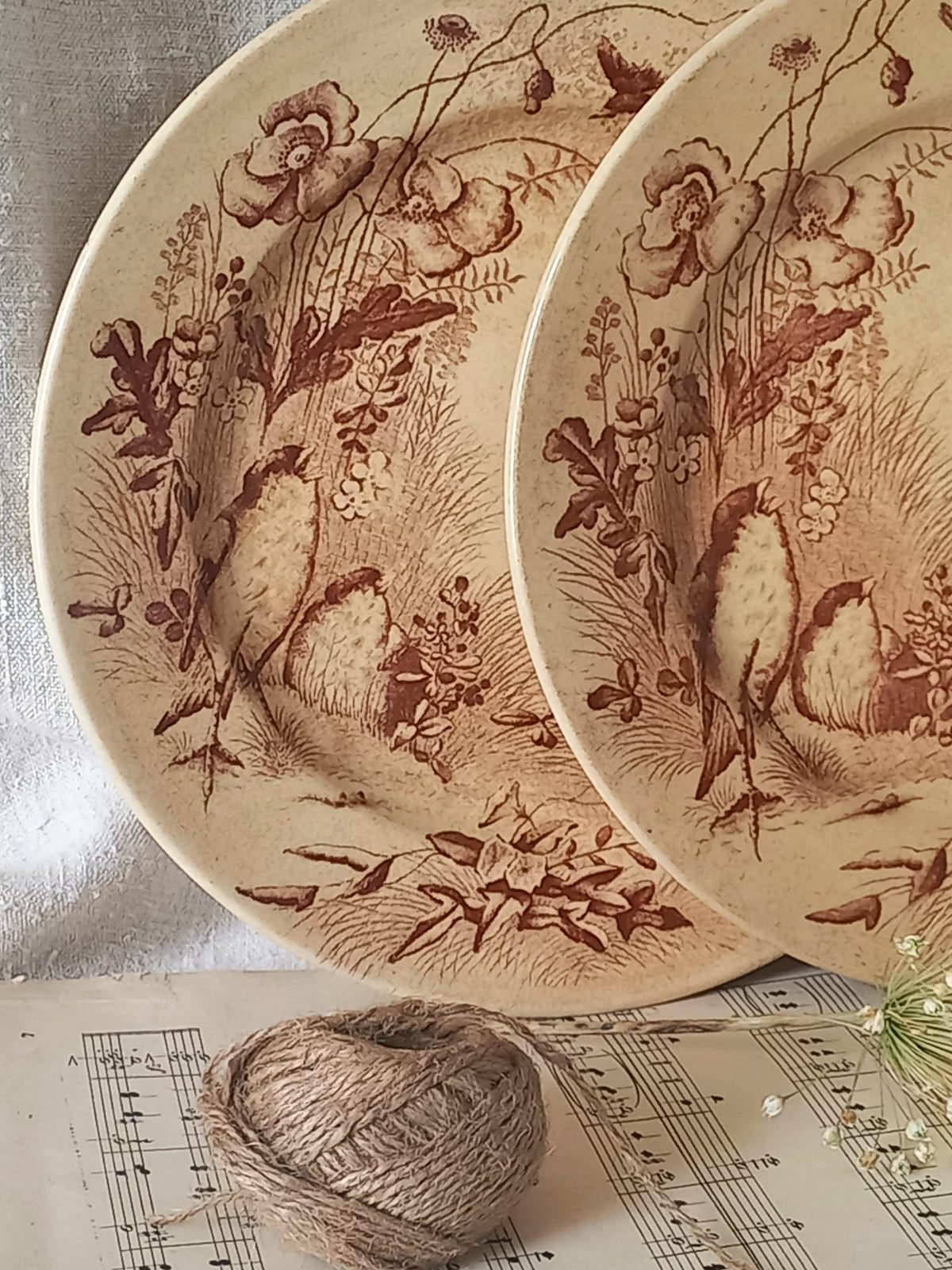 Two decorative antique plates with intricate designs on a white fabric background.