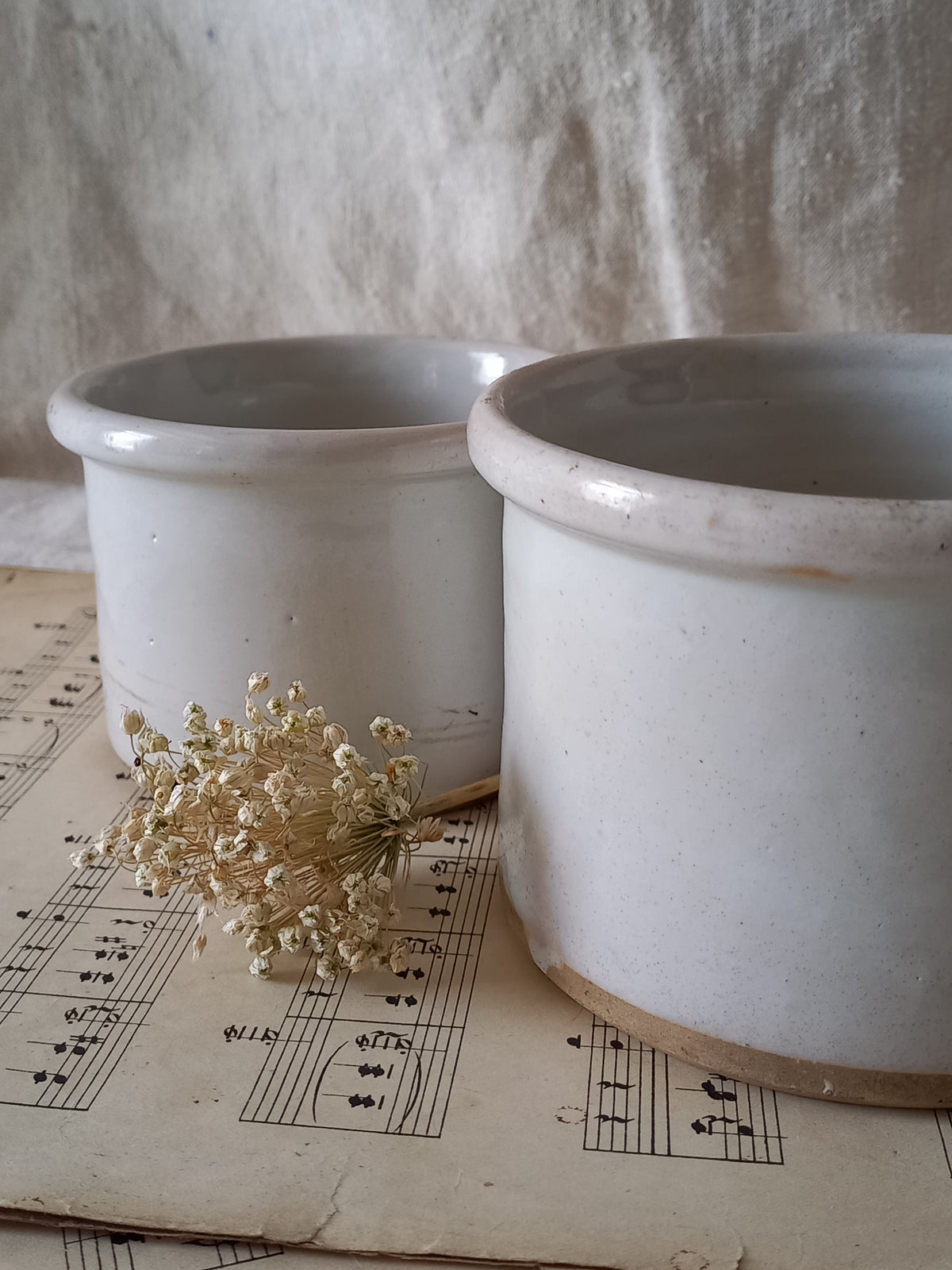 French Antique White Glazed Pottery Jam Pots