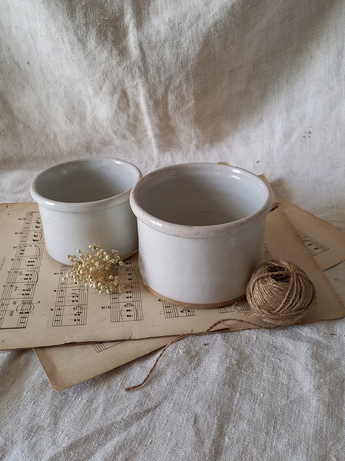 French Antique White Glazed Pottery Jam Pots