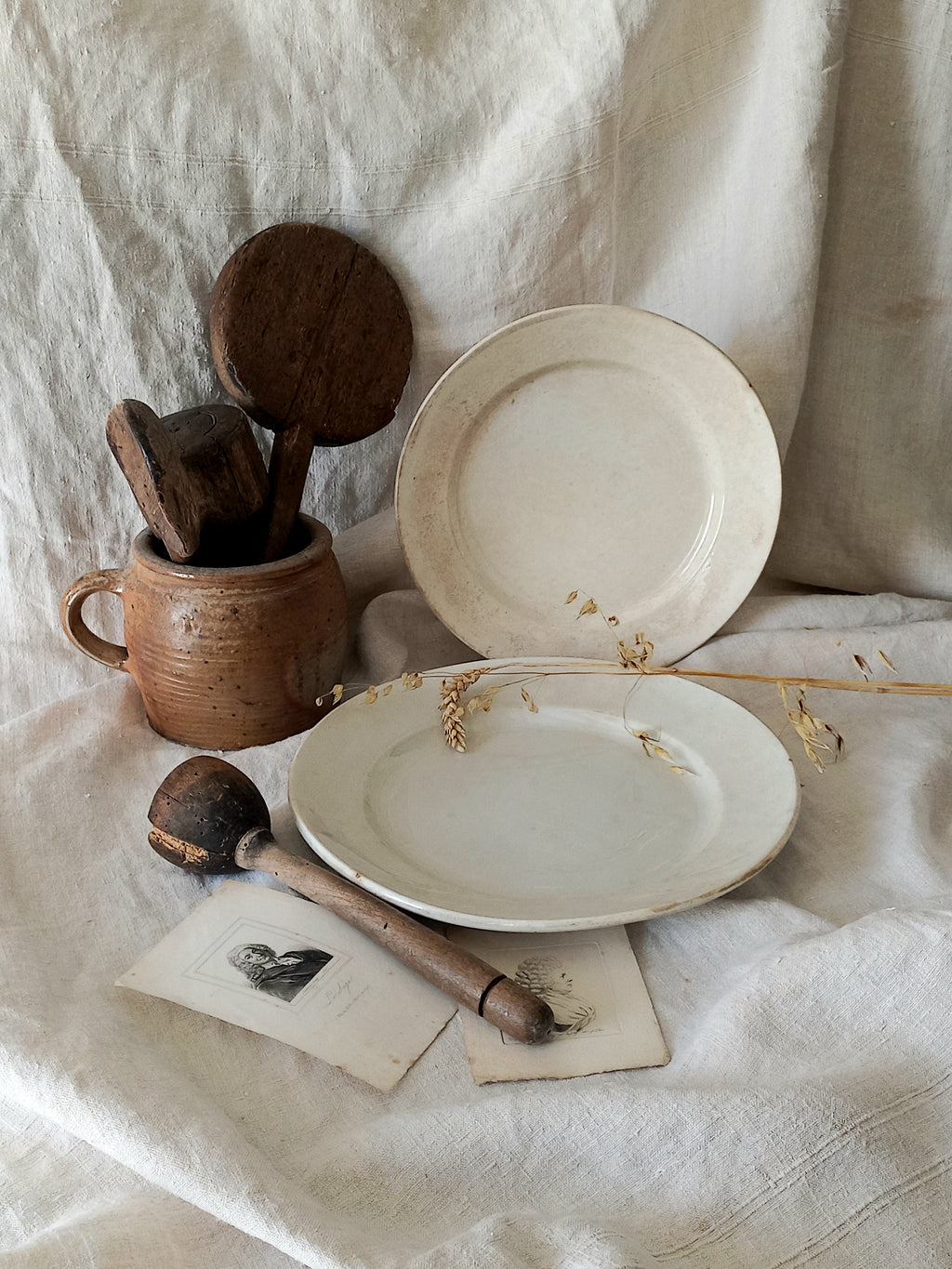 Pair of French Antique White Ironstone Plates with Tea Staining