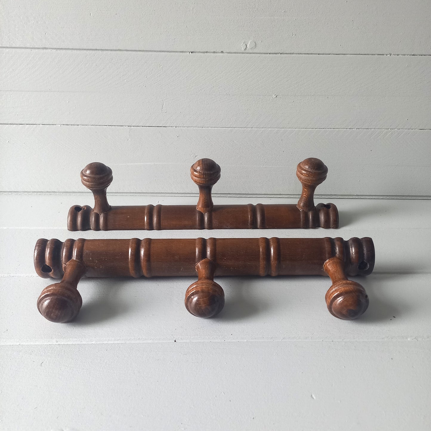 Pair wooden 3 peg coat racks, french vintage small coat rack