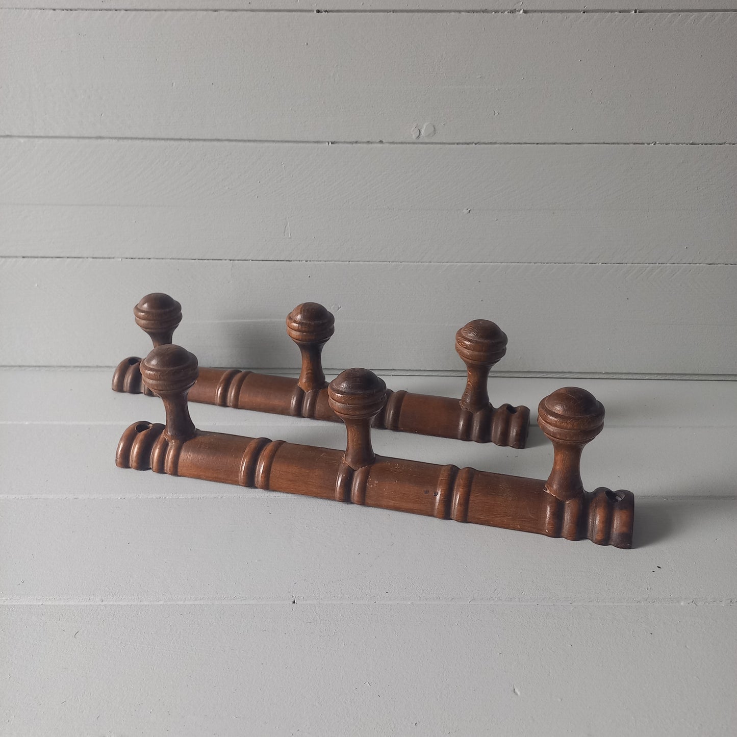 Pair wooden 3 peg coat racks, french vintage small coat rack