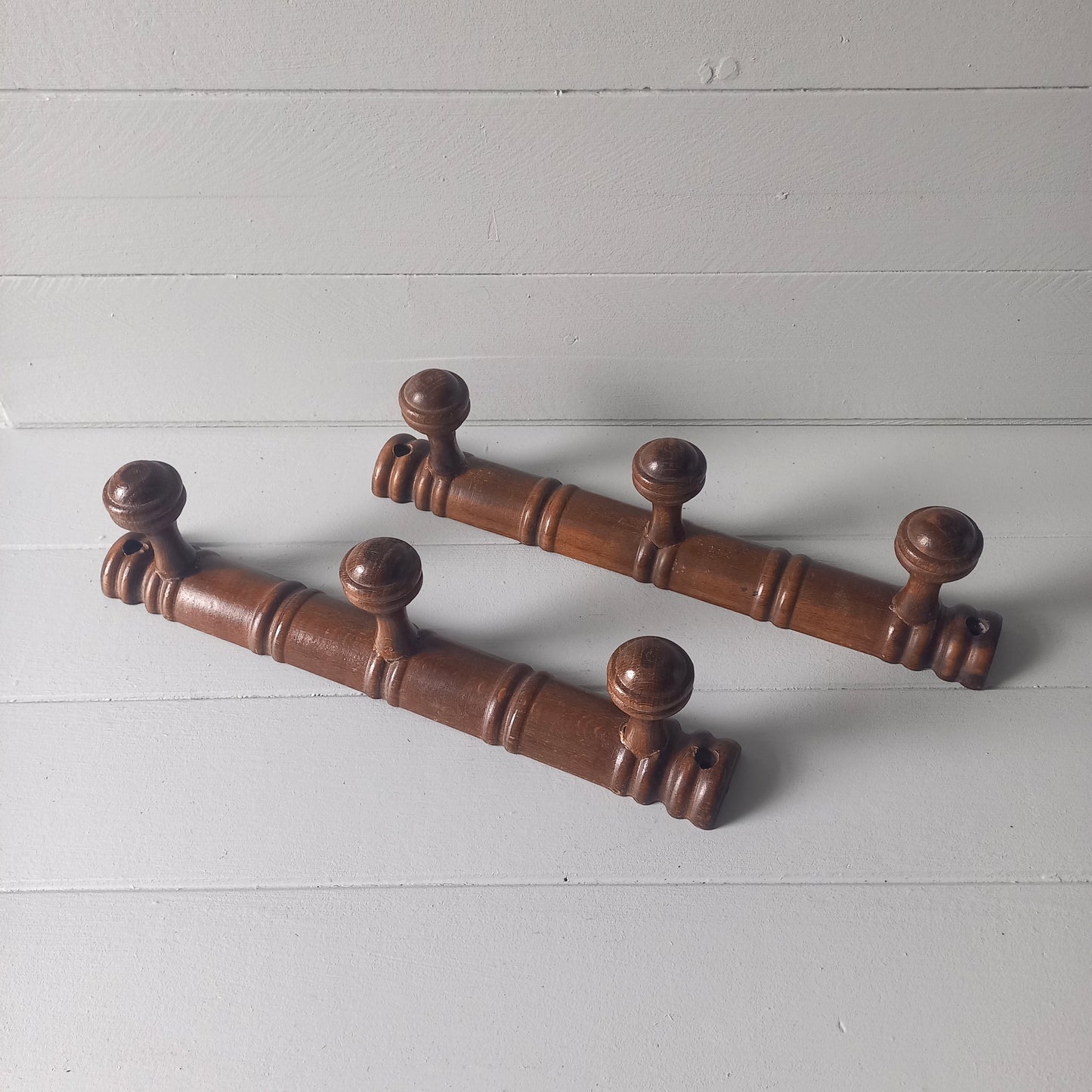 Pair wooden 3 peg coat racks, french vintage small coat rack