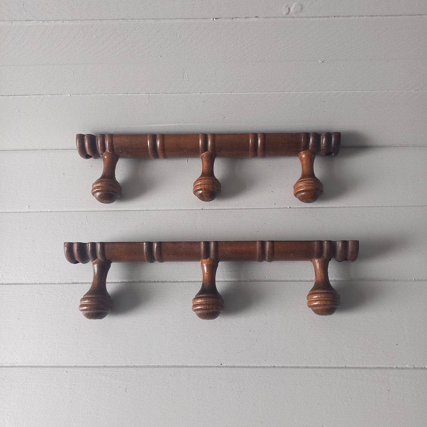 Pair wooden 3 peg coat racks, french vintage small coat rack