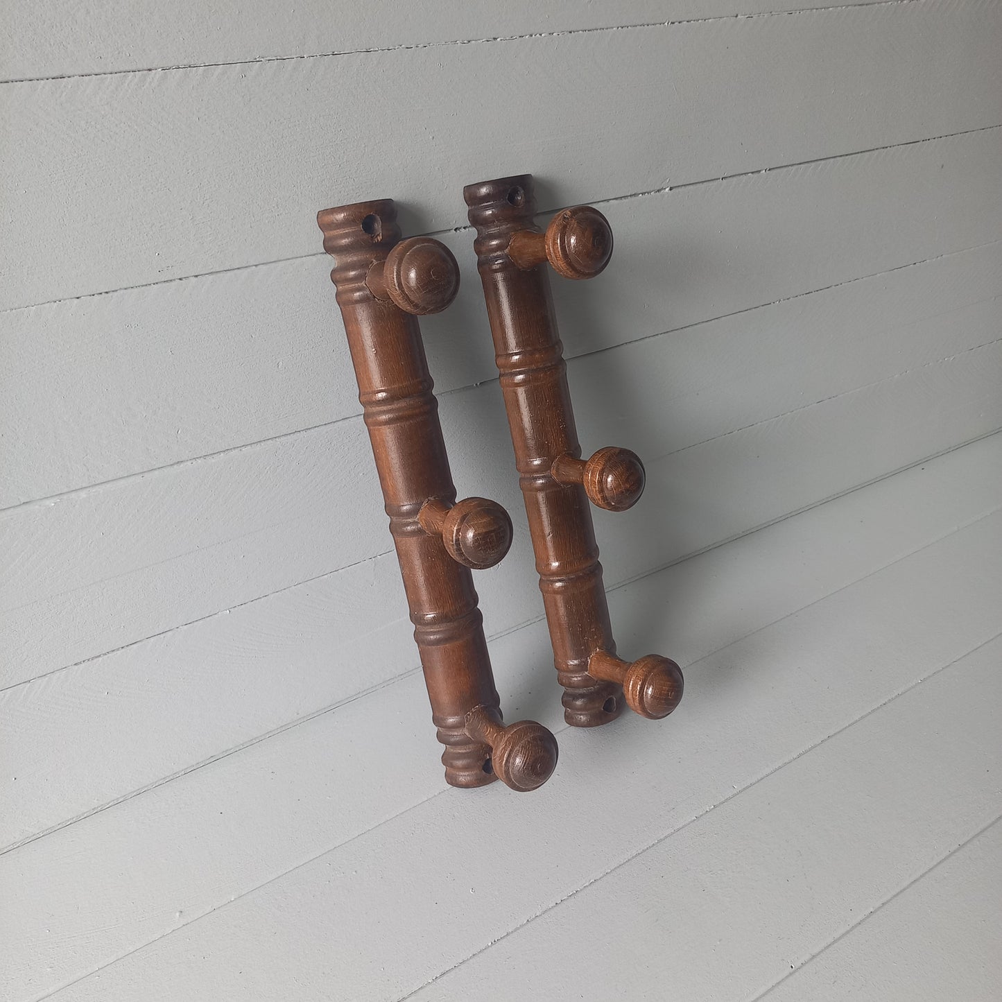 Pair wooden 3 peg coat racks, french vintage small coat rack