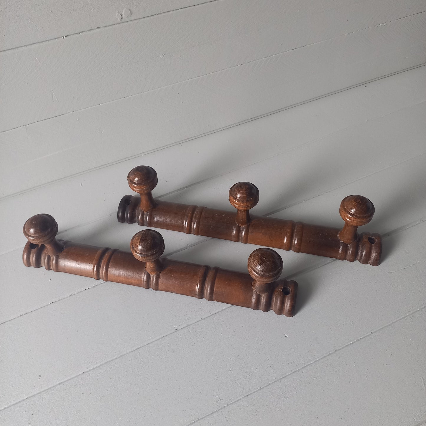 Pair wooden 3 peg coat racks, french vintage small coat rack