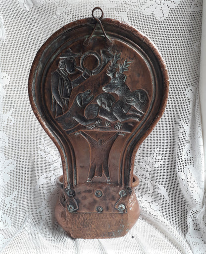 Large antique copper wall mounted planter with hunting scene from France, country home decor