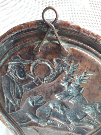 Large antique copper wall mounted planter with hunting scene from France, country home decor