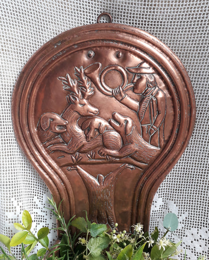 Large antique copper wall mounted planter with hunting scene from France, country home decor