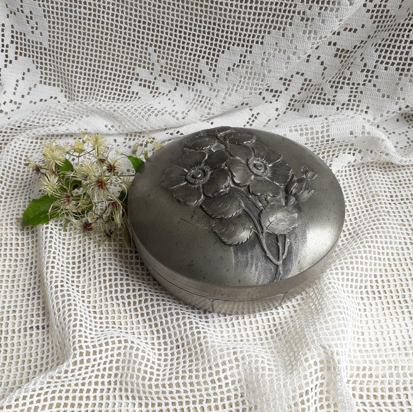 Decorative vintage pewter pot with floral lid signed by F. Medor from France