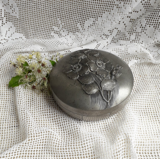 Decorative vintage pewter pot with floral lid signed by F. Medor from France