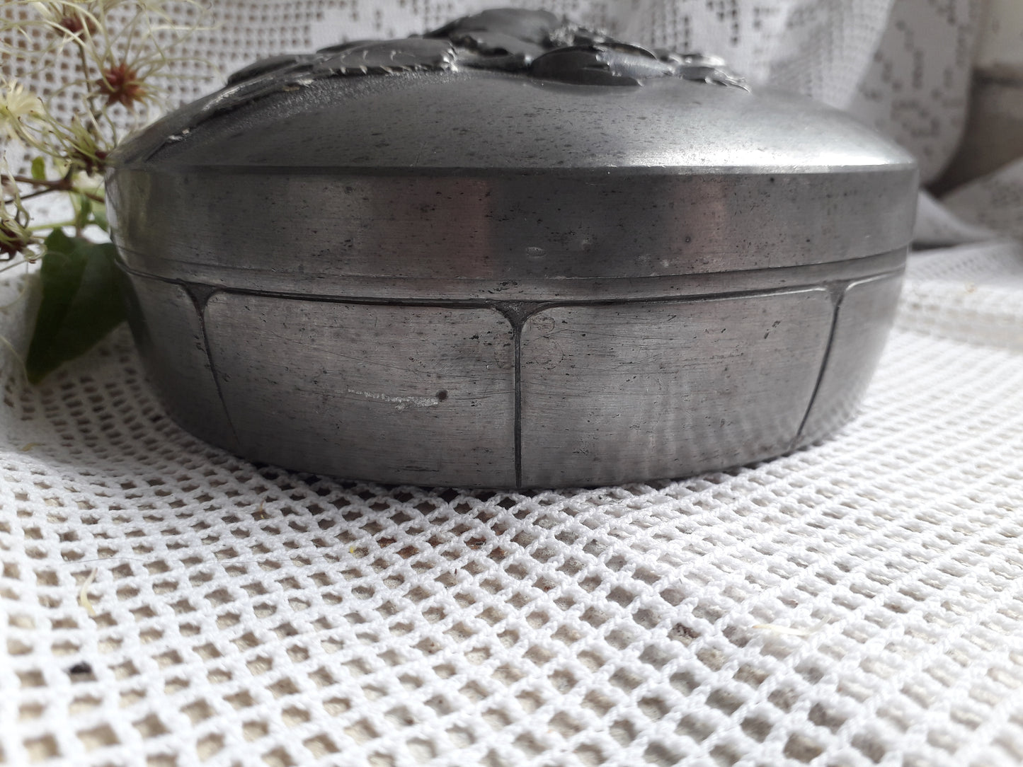 Decorative vintage pewter pot with floral lid signed by F. Medor from France