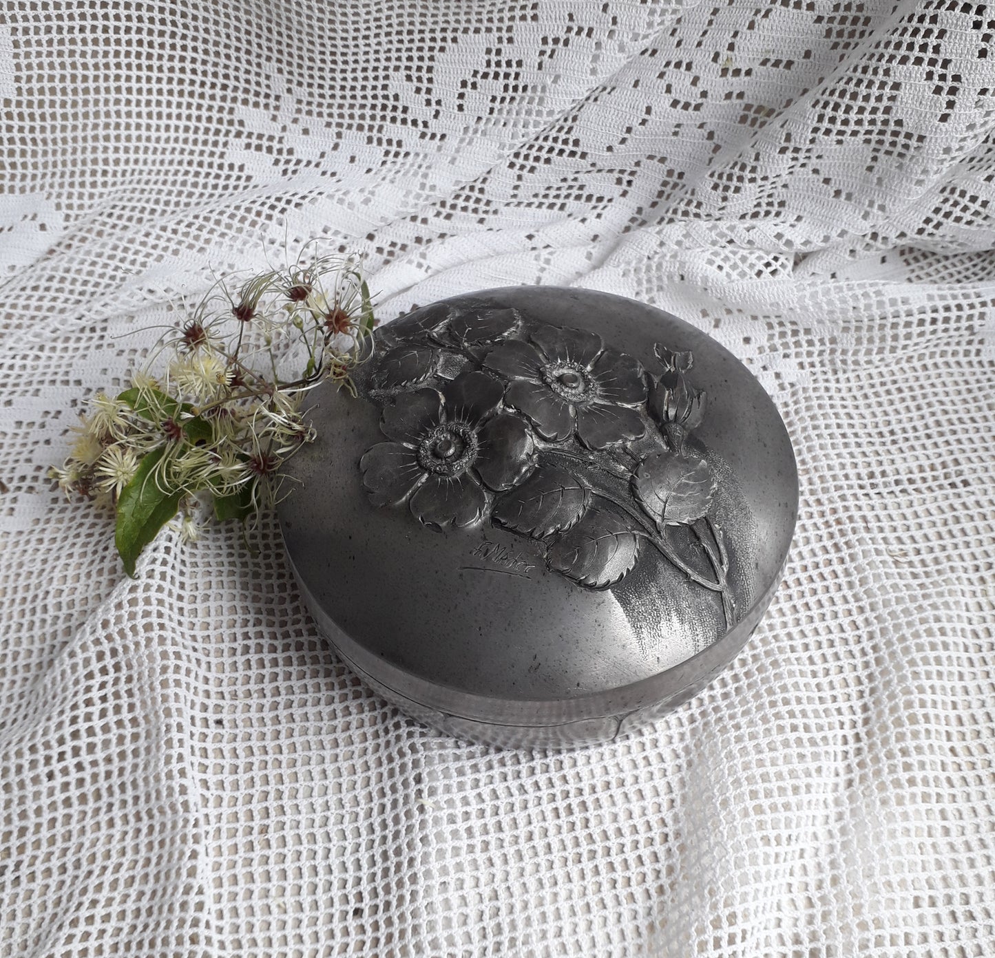 Decorative vintage pewter pot with floral lid signed by F. Medor from France