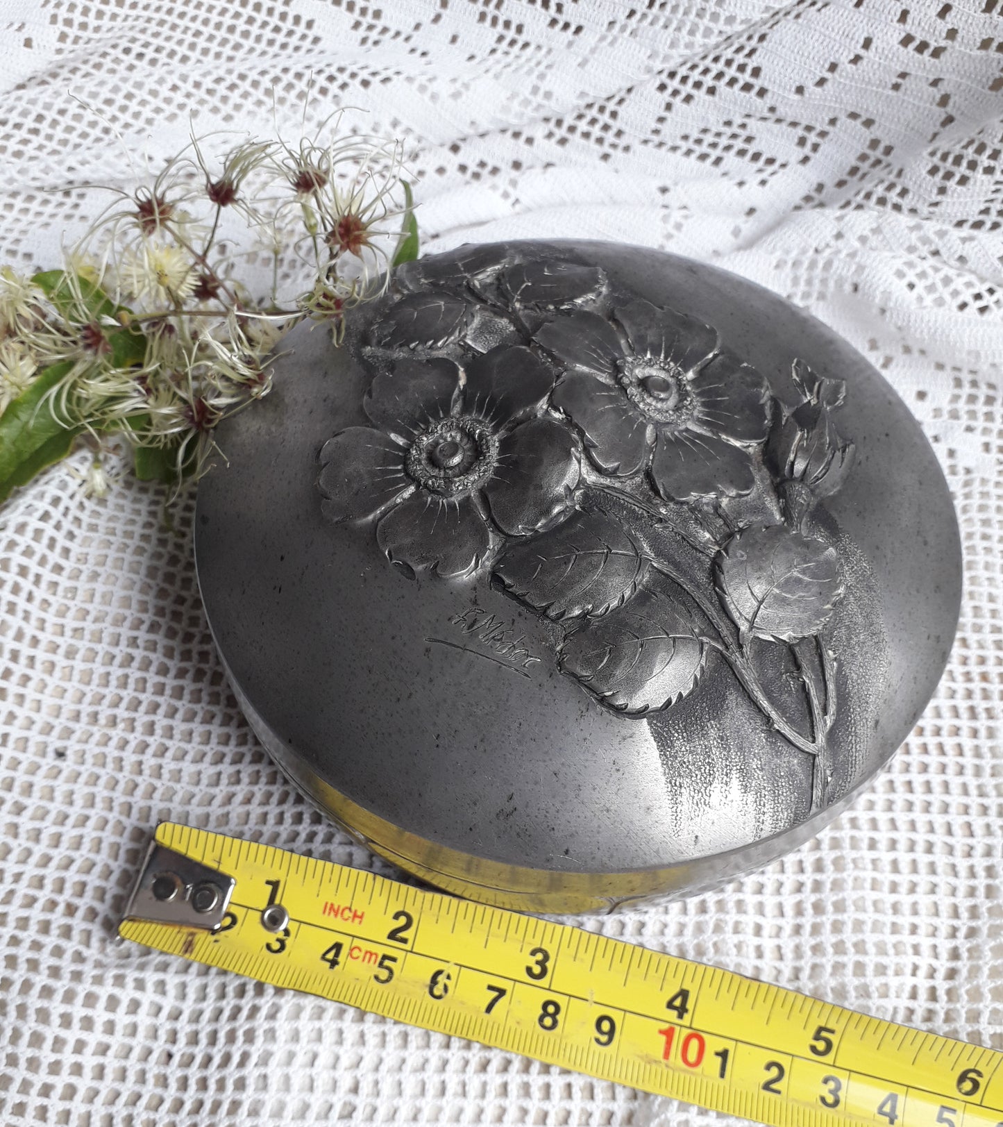 Decorative vintage pewter pot with floral lid signed by F. Medor from France