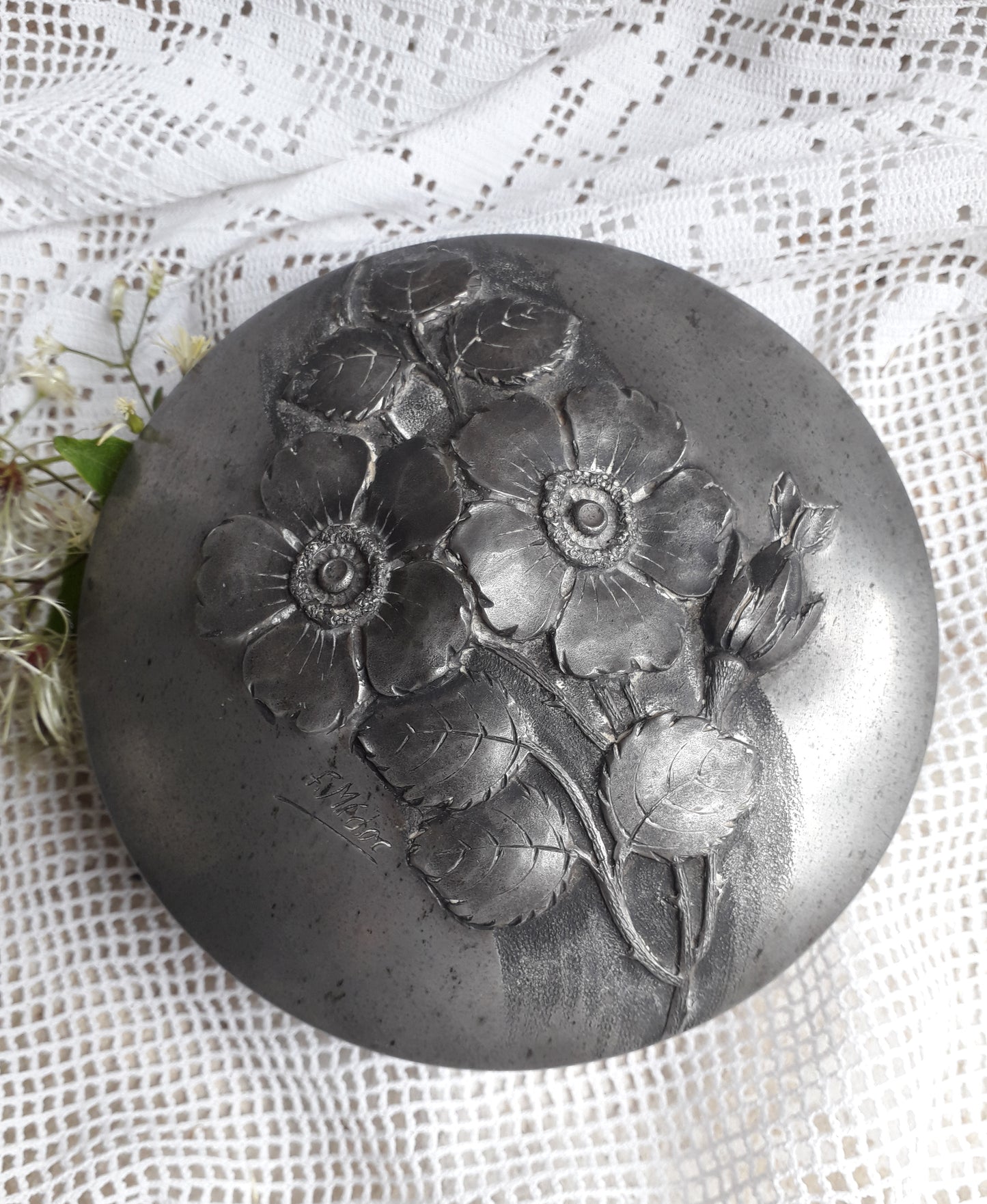 Decorative vintage pewter pot with floral lid signed by F. Medor from France