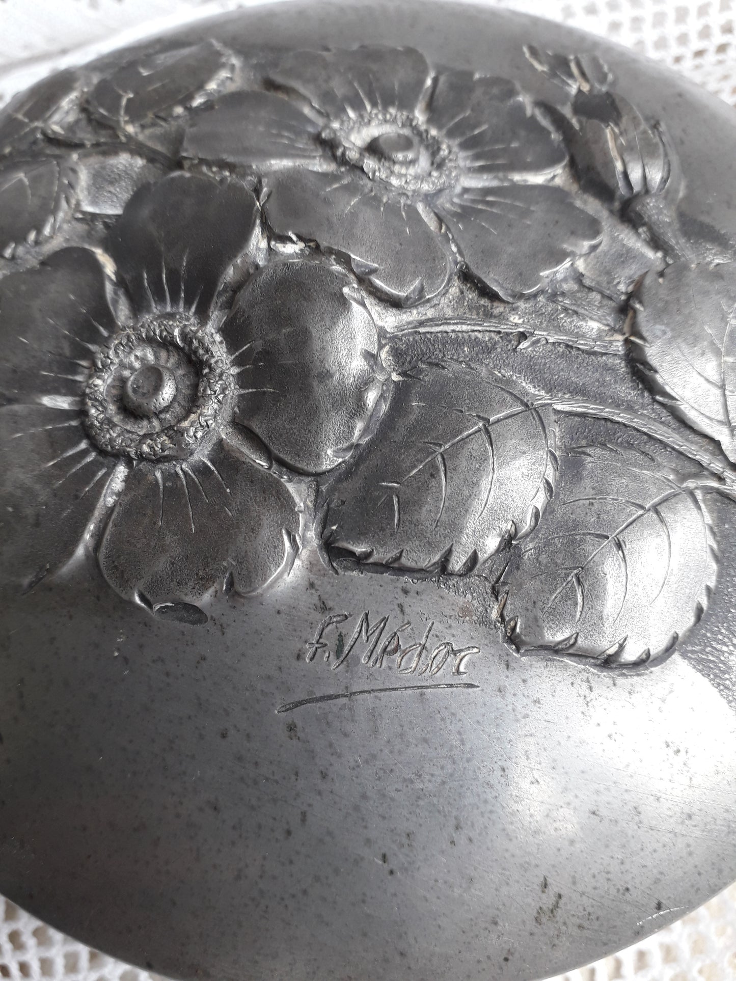 Decorative vintage pewter pot with floral lid signed by F. Medor from France