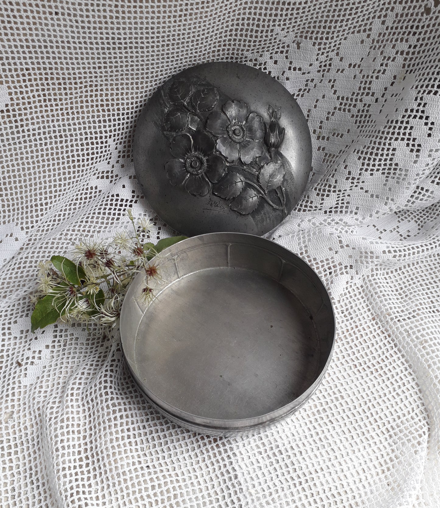 Decorative vintage pewter pot with floral lid signed by F. Medor from France