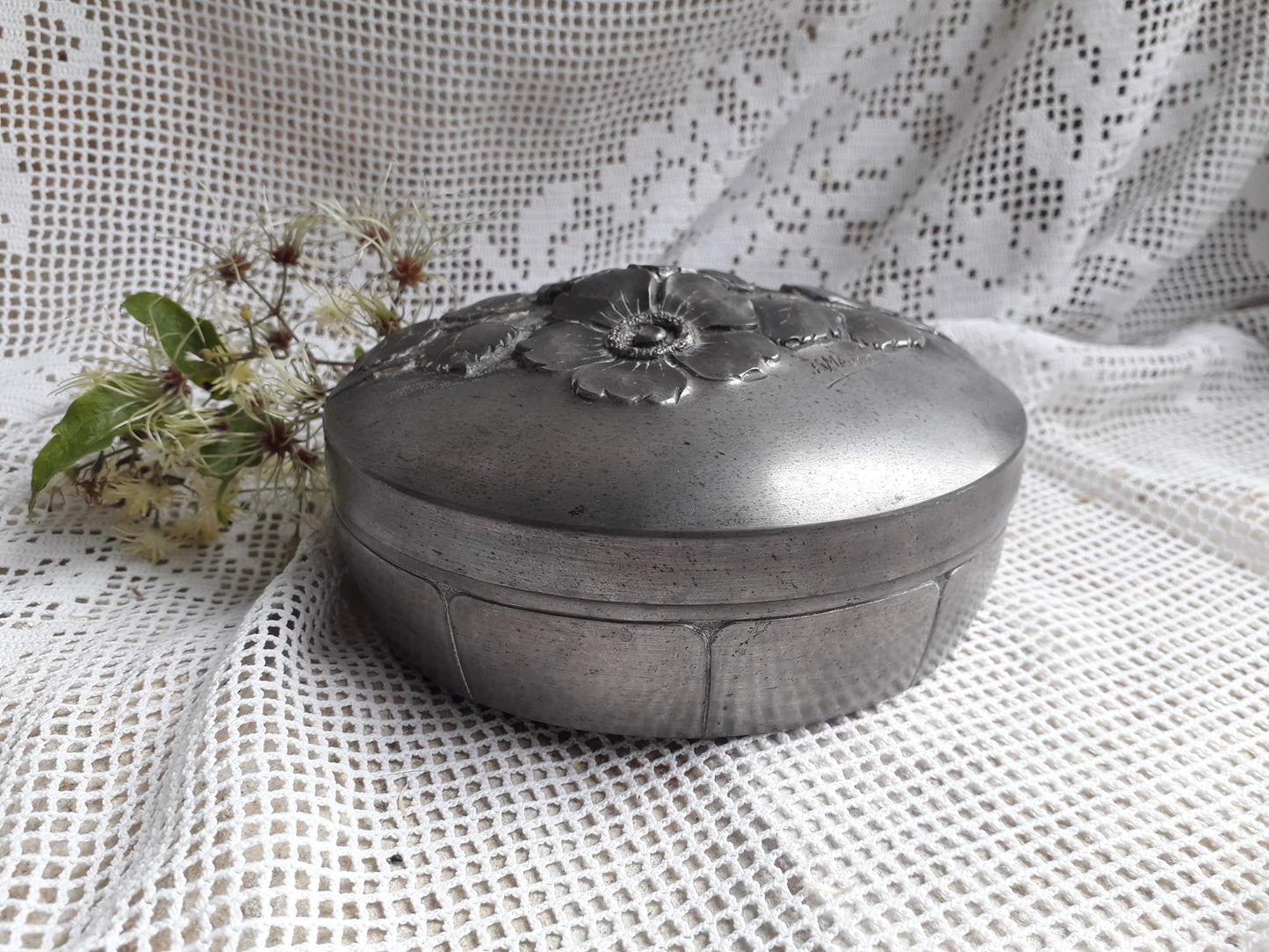 Decorative vintage pewter pot with floral lid signed by F. Medor from France