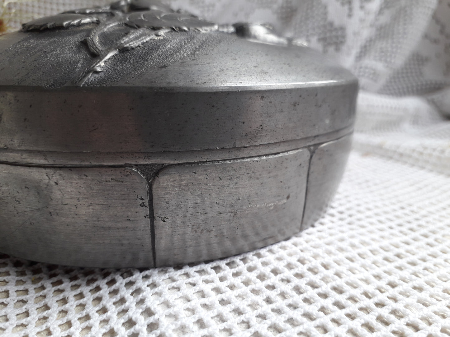 Decorative vintage pewter pot with floral lid signed by F. Medor from France