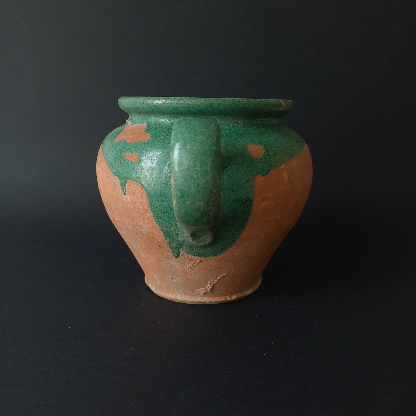 Small French vintage pottery jug with green glazed interior