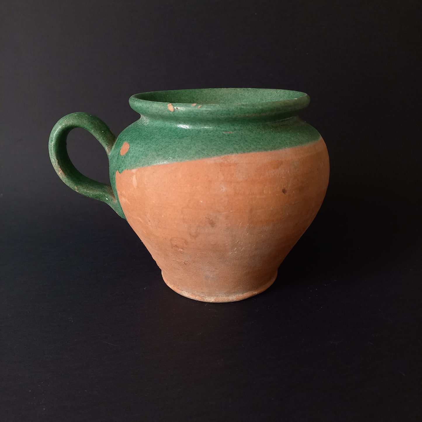 Small French vintage pottery jug with green glazed interior