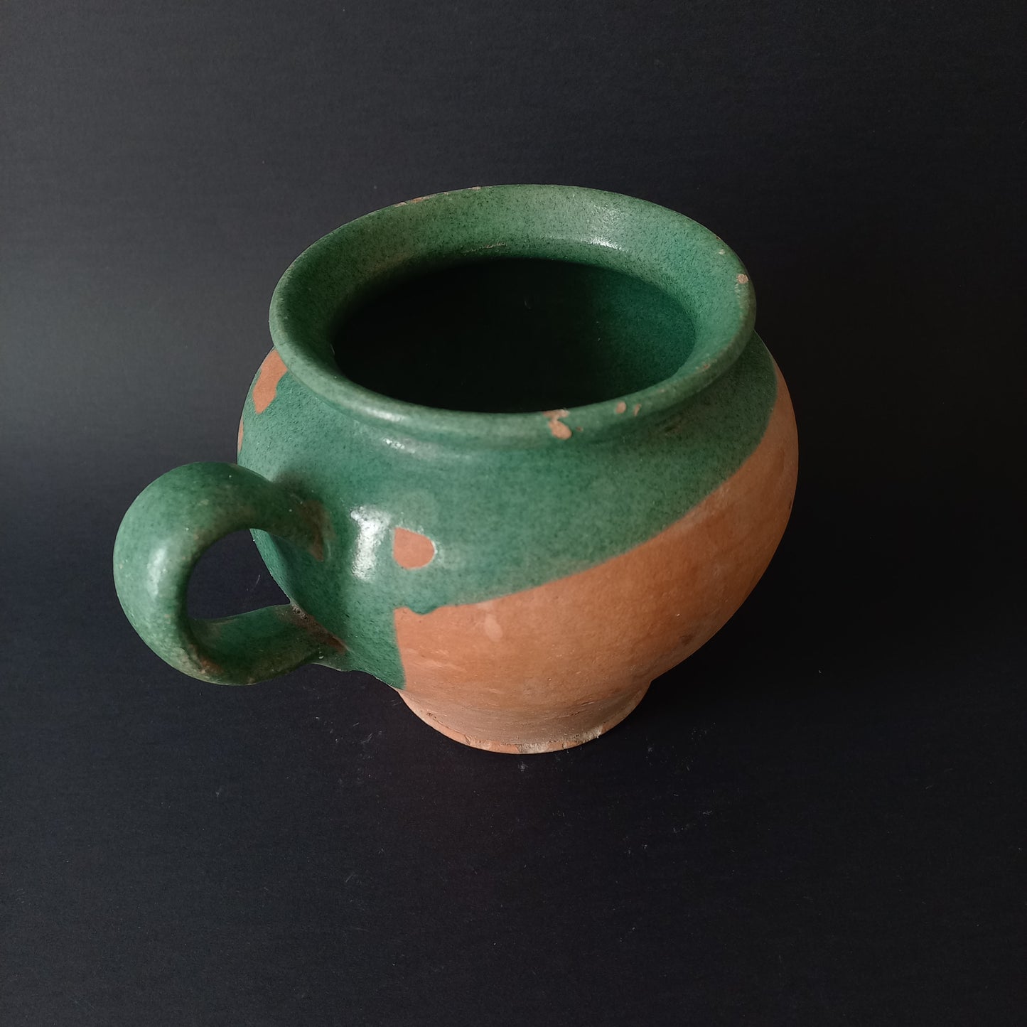 Small French vintage pottery jug with green glazed interior