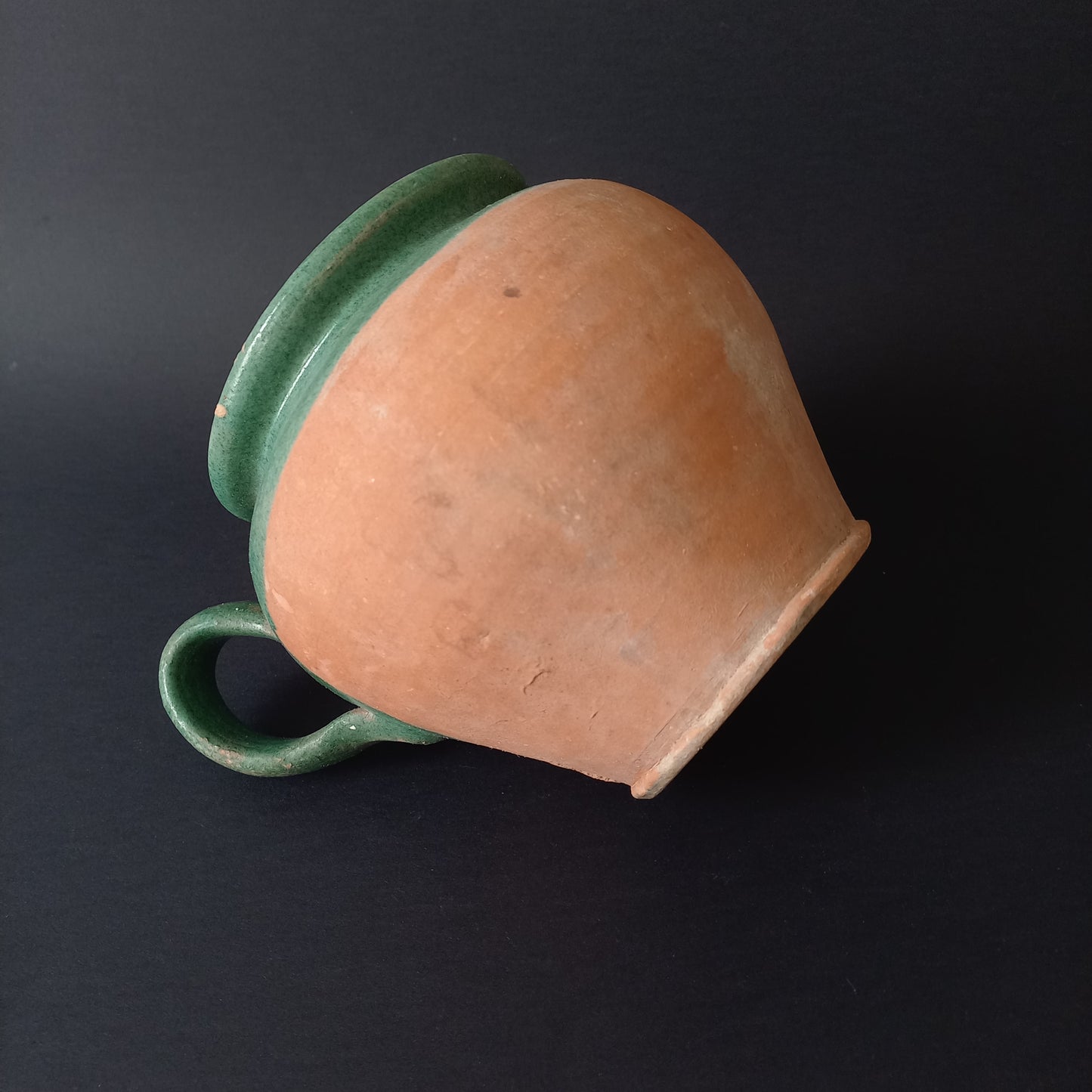 Small French vintage pottery jug with green glazed interior