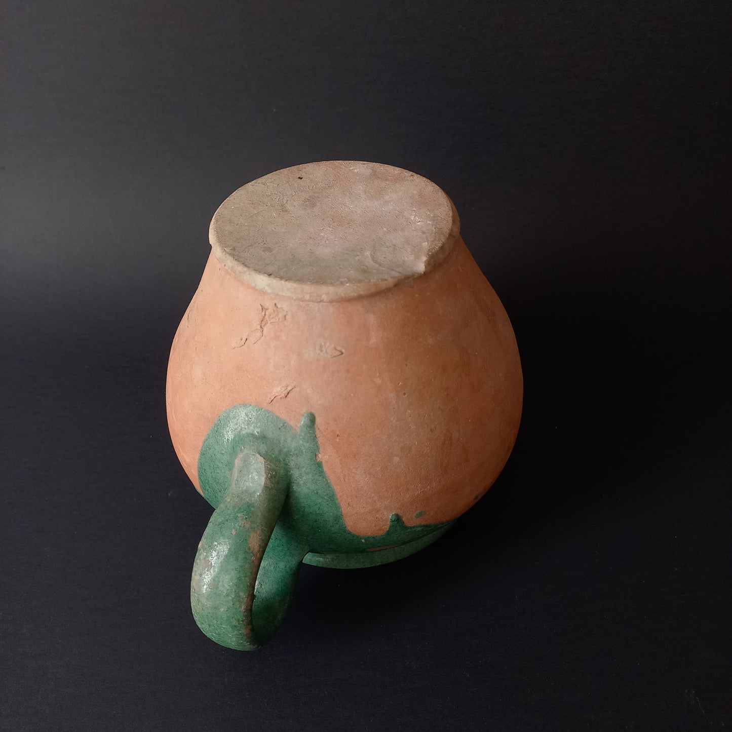 Small French vintage pottery jug with green glazed interior