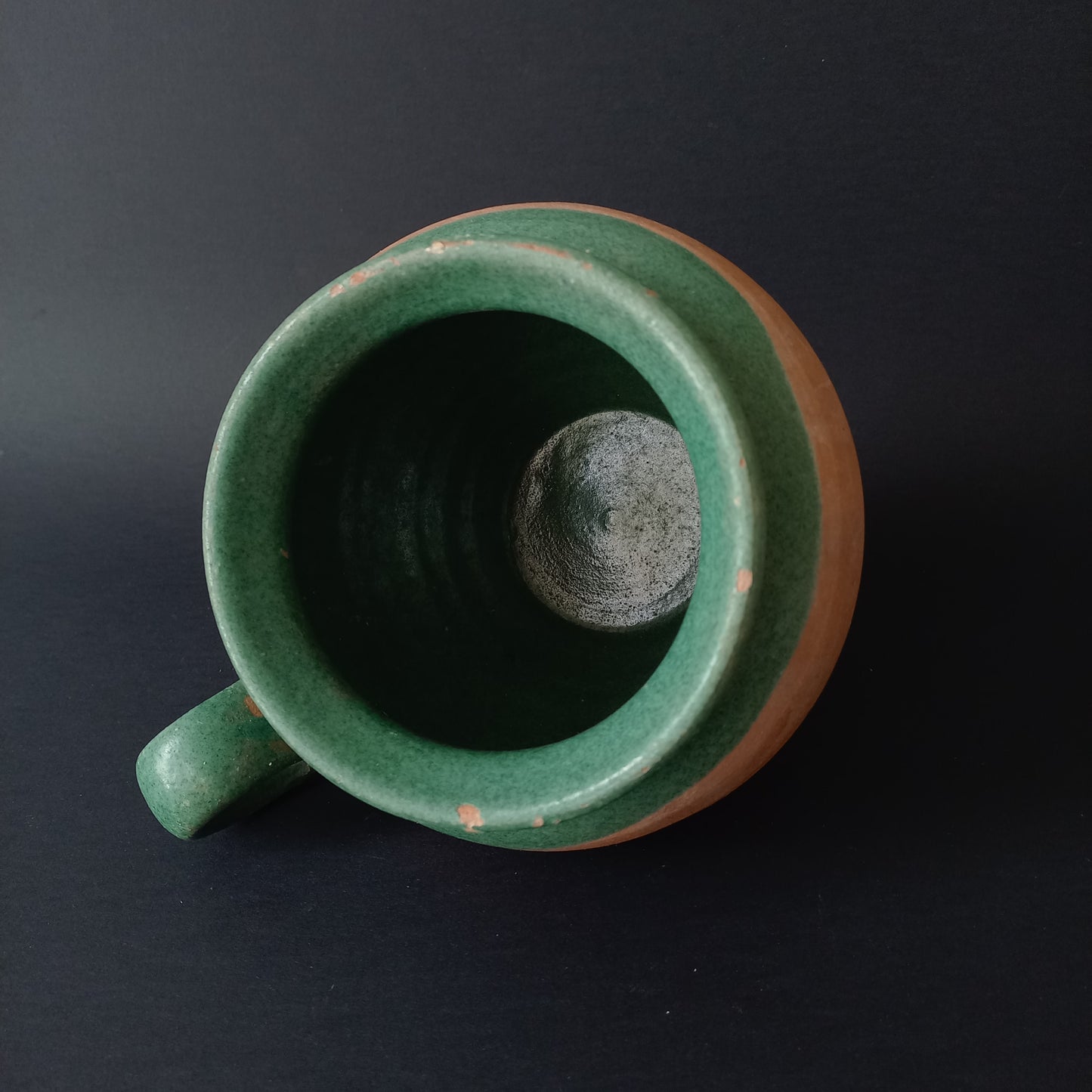 Small French vintage pottery jug with green glazed interior