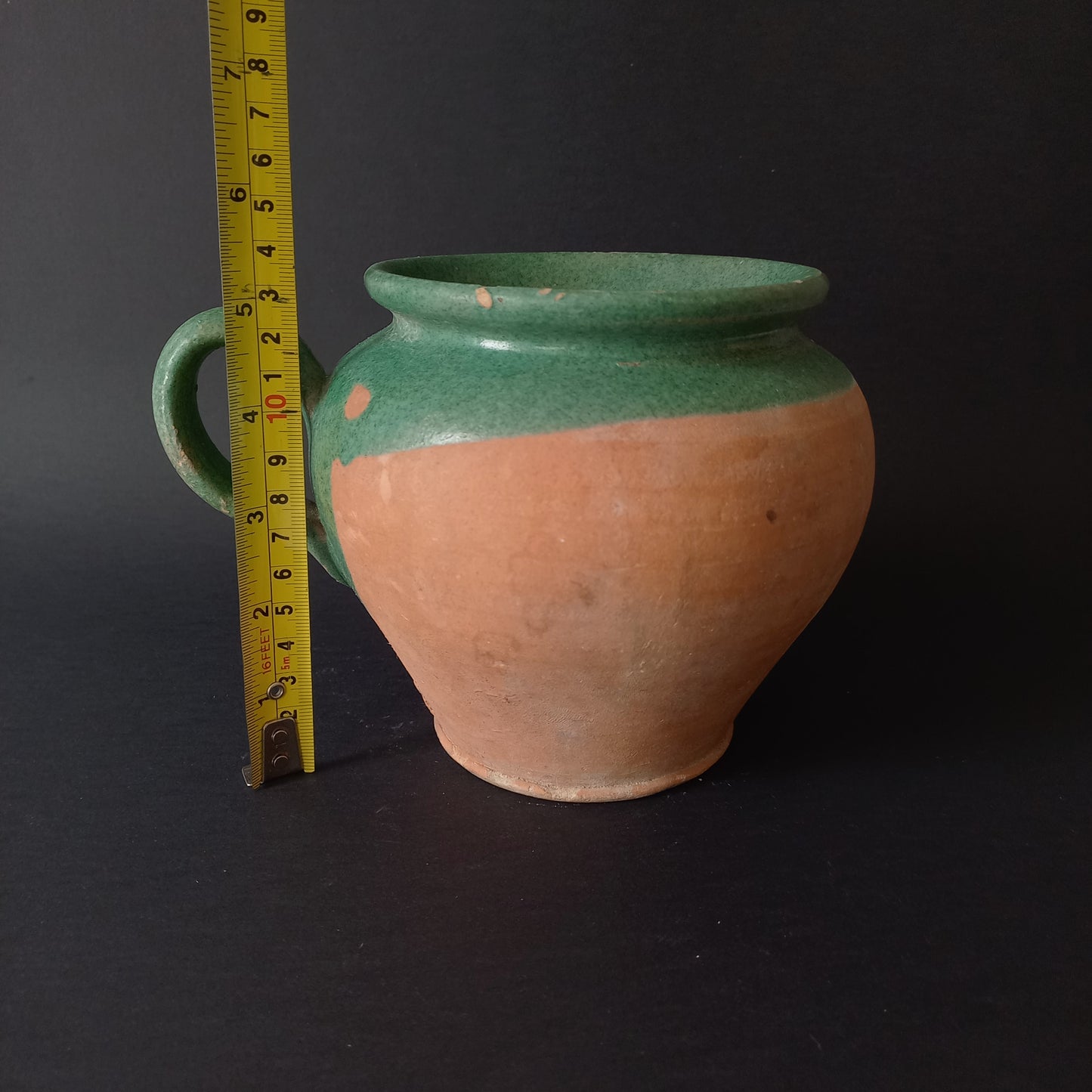 Small French vintage pottery jug with green glazed interior