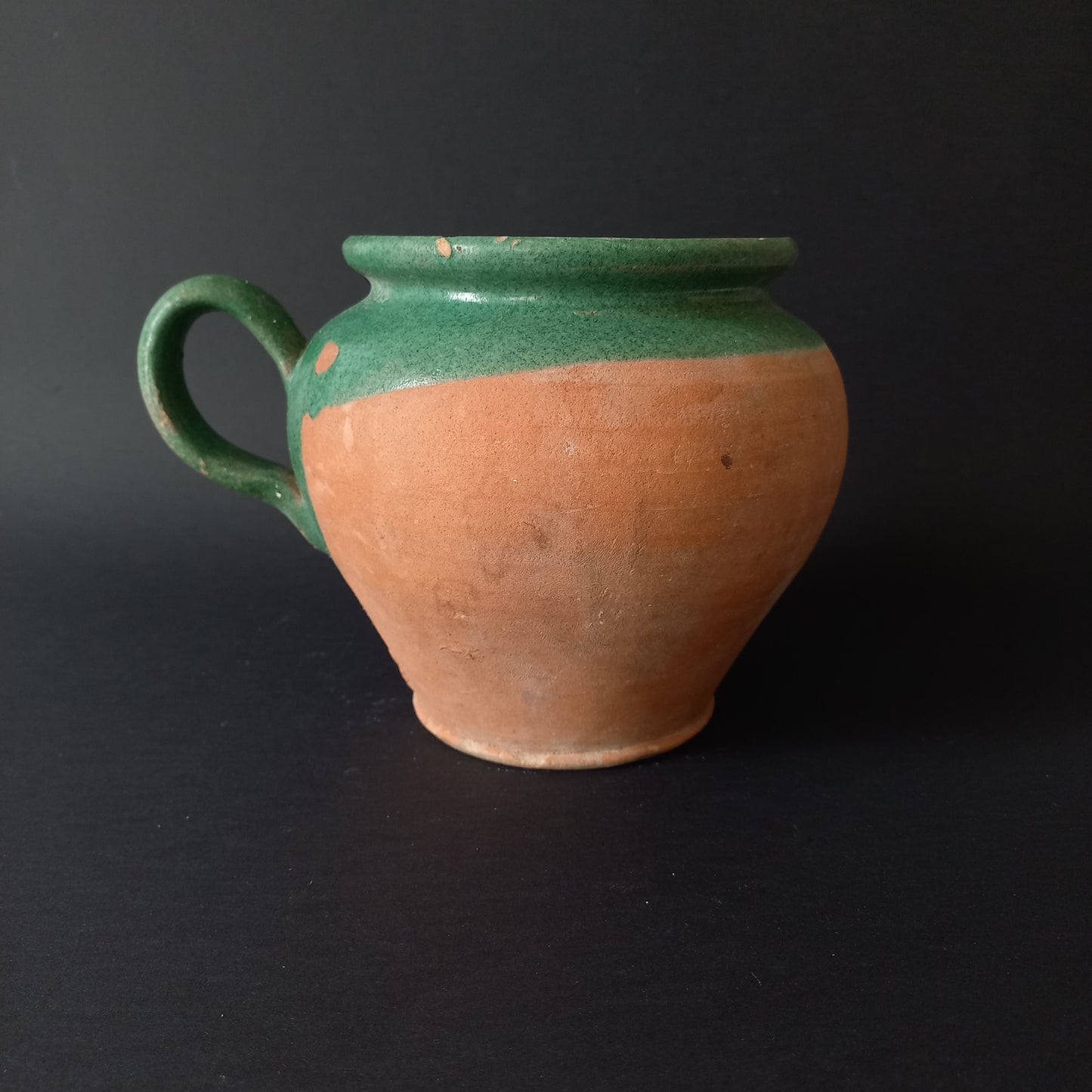 Small French vintage pottery jug with green glazed interior