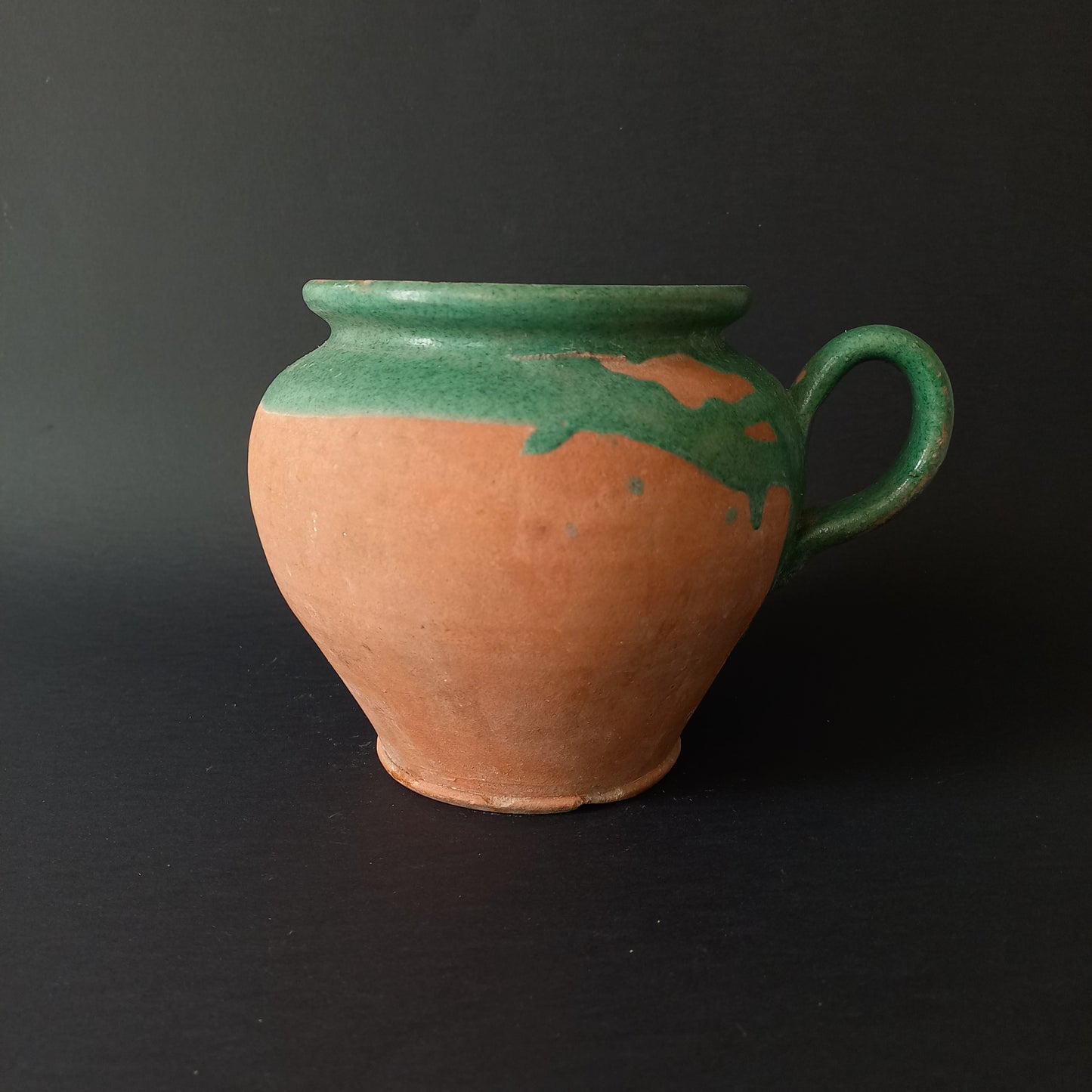 Small French vintage pottery jug with green glazed interior