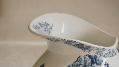 French Antique White Ironstone Jug Pitcher With Blue Floral Pattern