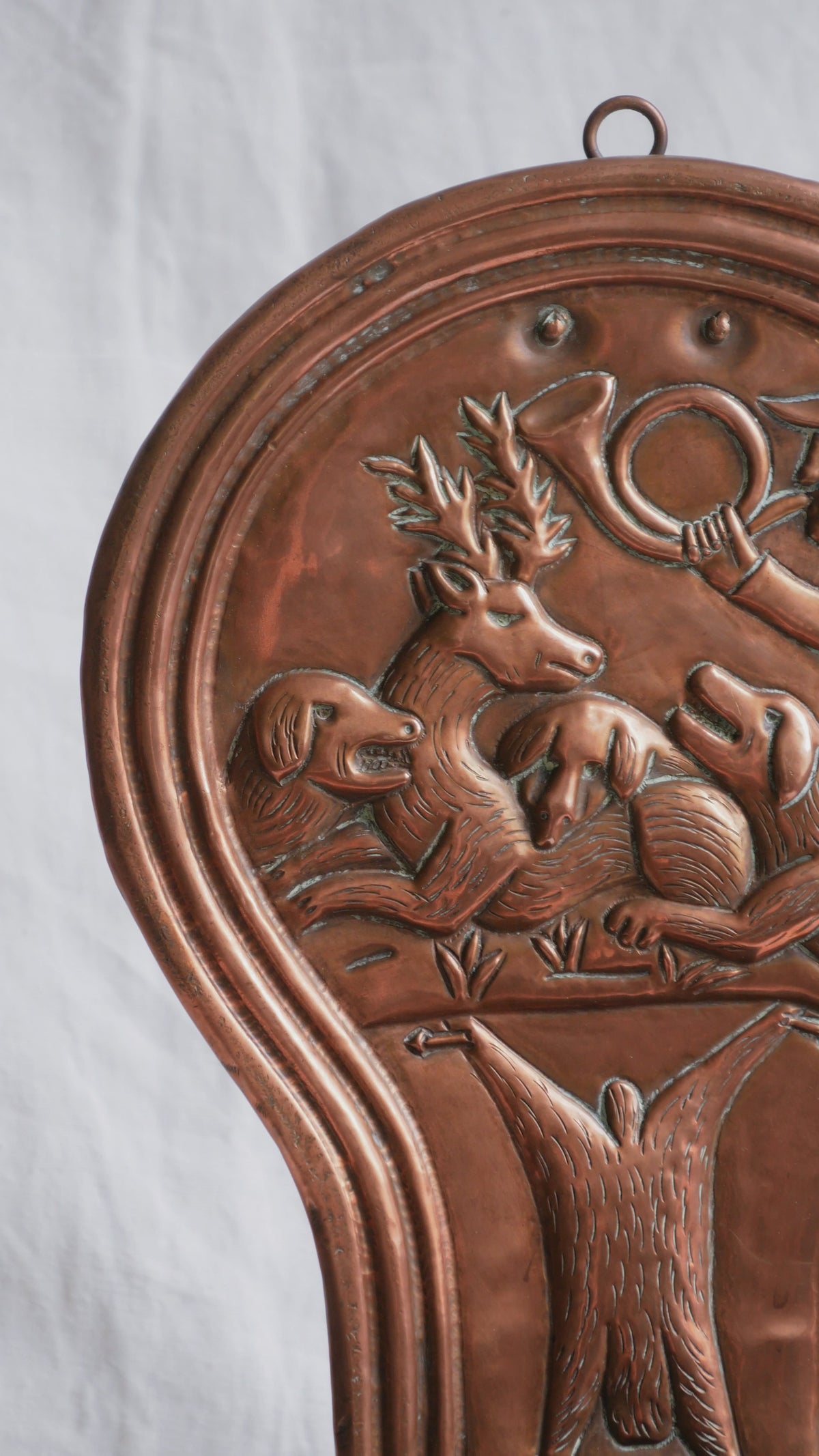 Copper vintage/antique wall-mounted planter with a hunting scene 